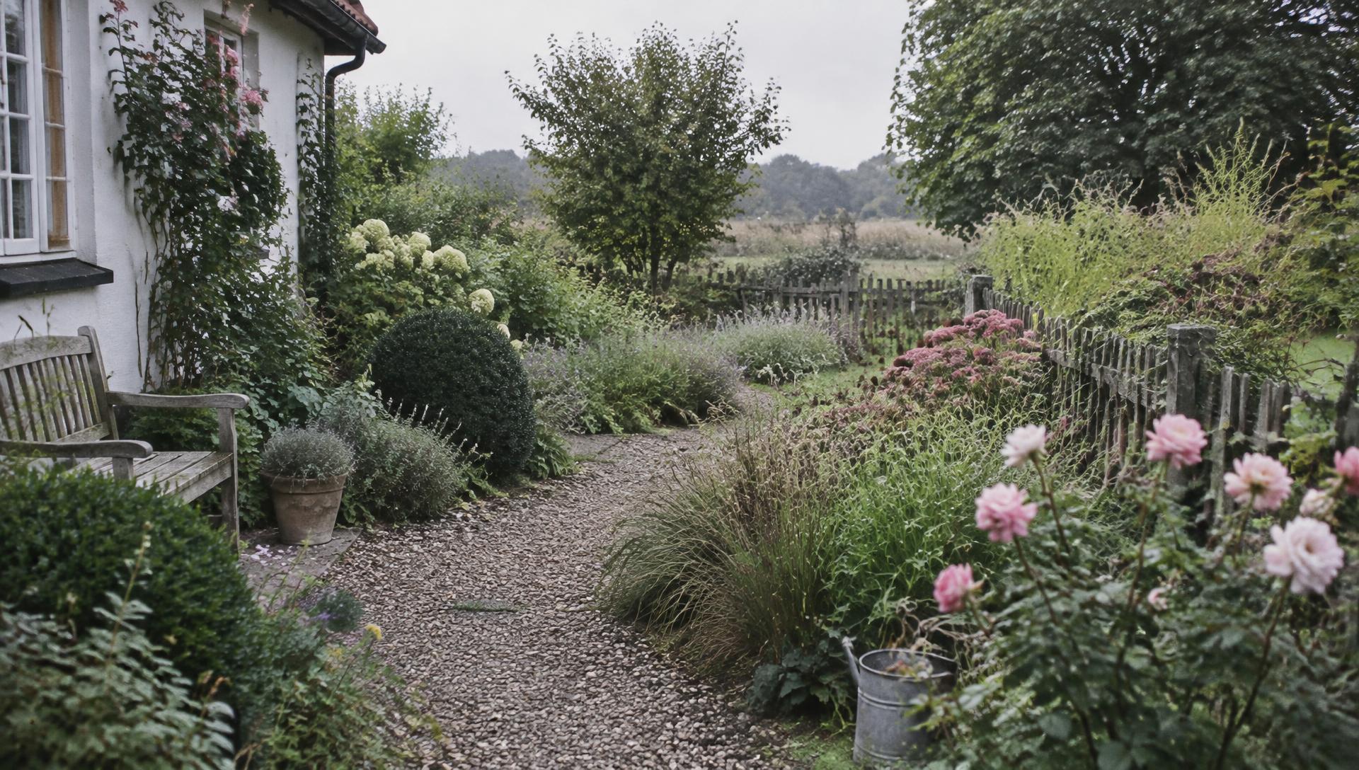 Frodigt staudebed med hortensia foran mørkt plankeværk